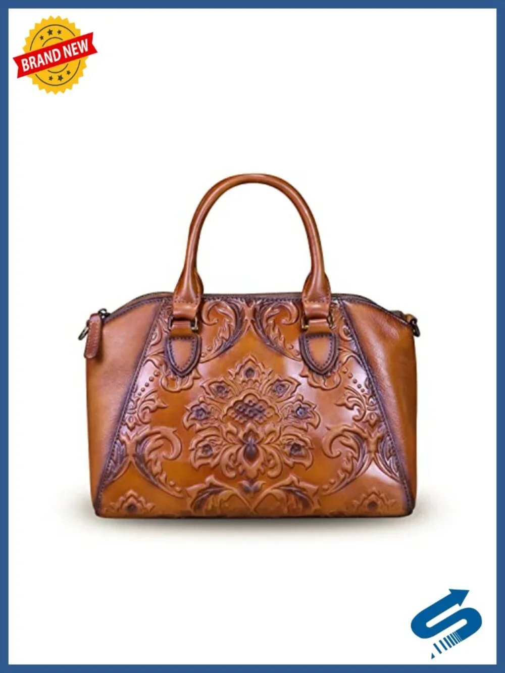Genuine Leather Embossed Hobo Satchel Crossbody Bag with Adjustable Strap